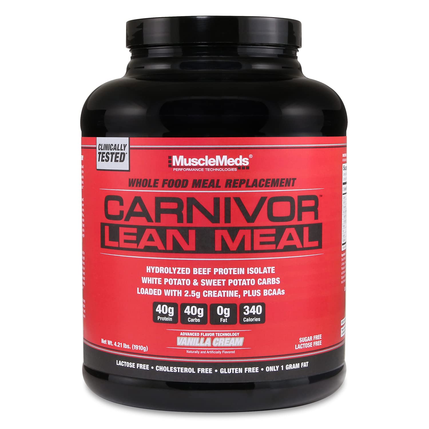 MuscleMeds CARNIVOR LEAN MEAL whole food meal replacement shake MRE beef protein isolate white potato sweet potato 40g protein 40 g carbs lactose free sugar free Vanilla Cream 20 servings