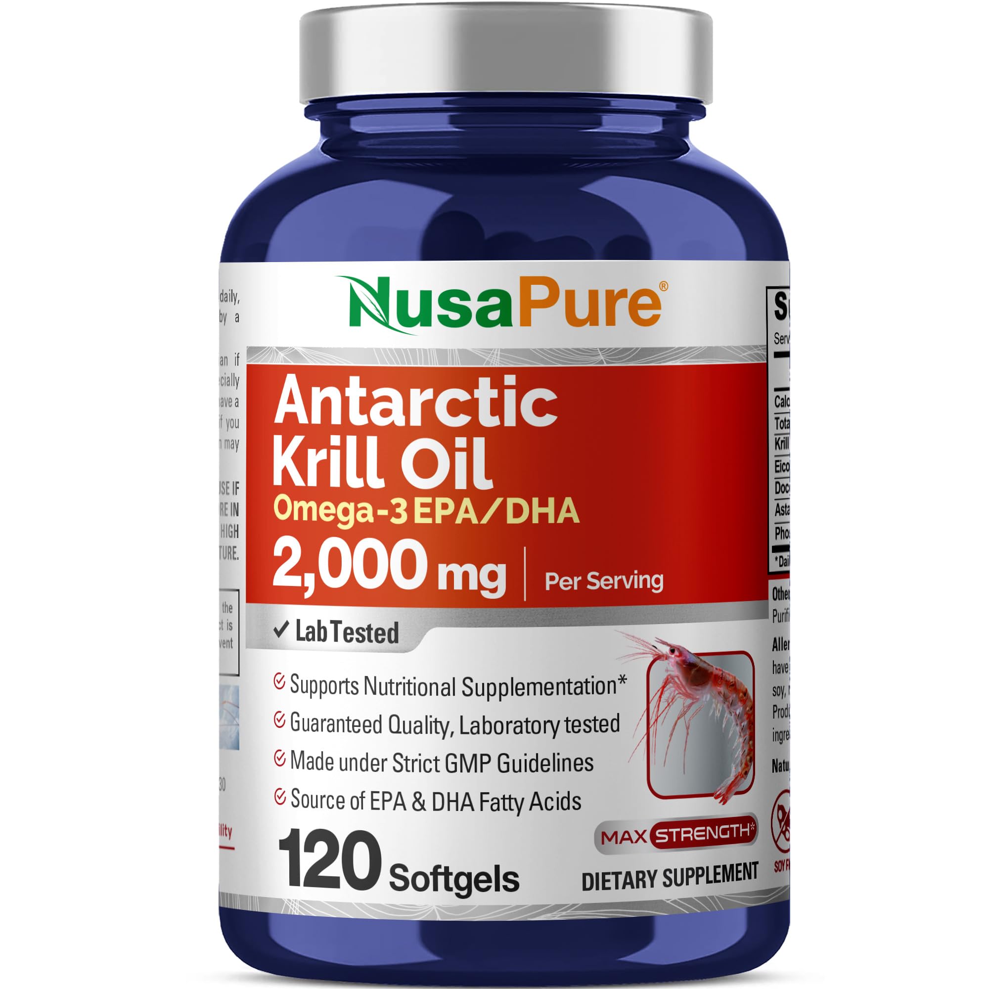 NusaPure Antarctic Krill Oil 2000 mg 120 Softgels Omega-3 EPA 360mg DHA 240mg Soyfree Astaxanthin Supplement Sourced from Krill 800ppm