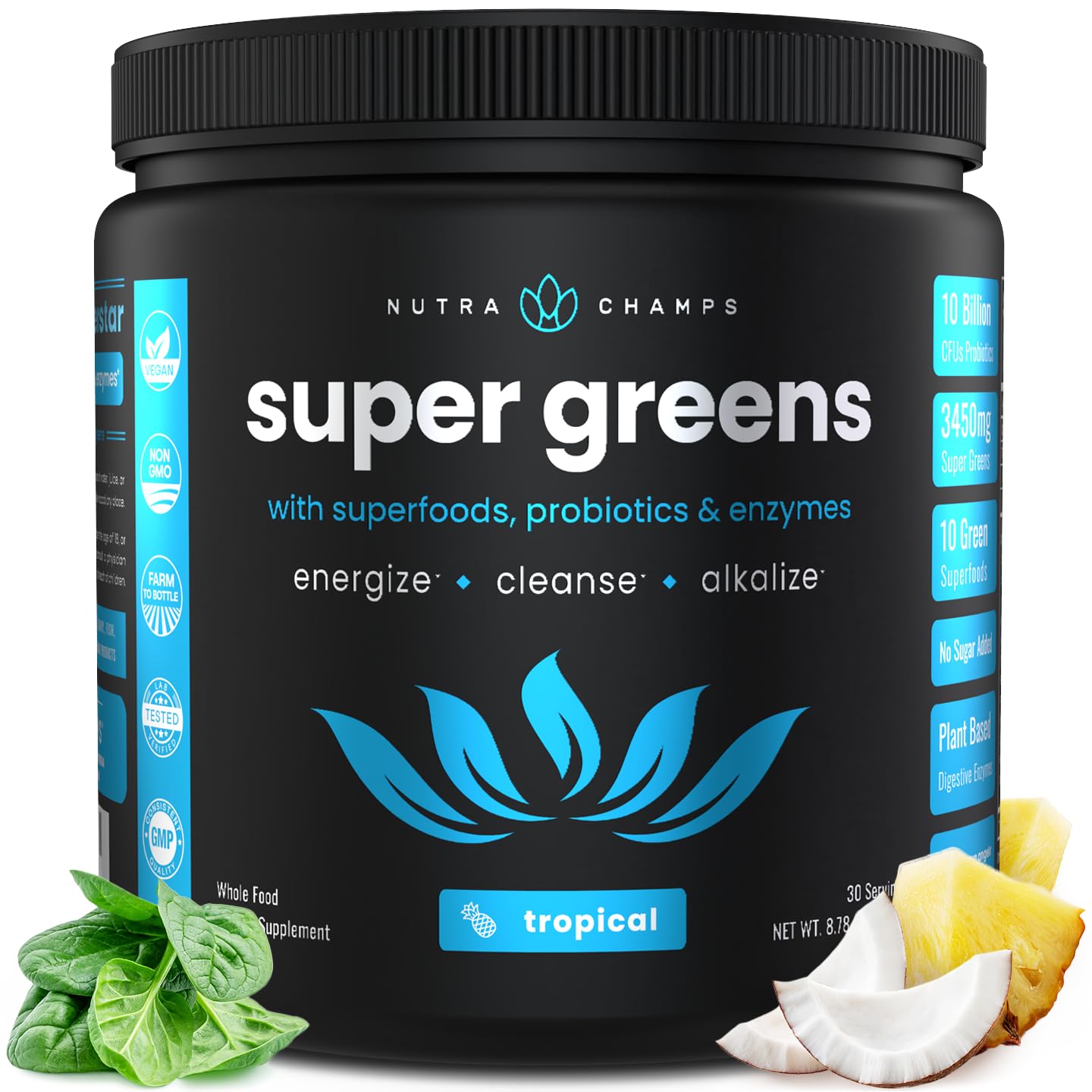 NutraChamps Super Greens Powder Premium Superfood | 20+ Organic Green Veggie Whole Foods | Alfalfa Spirulina Chlorella & More | Antioxidant Digestive Enzyme & Probiotic Blends | Tropical