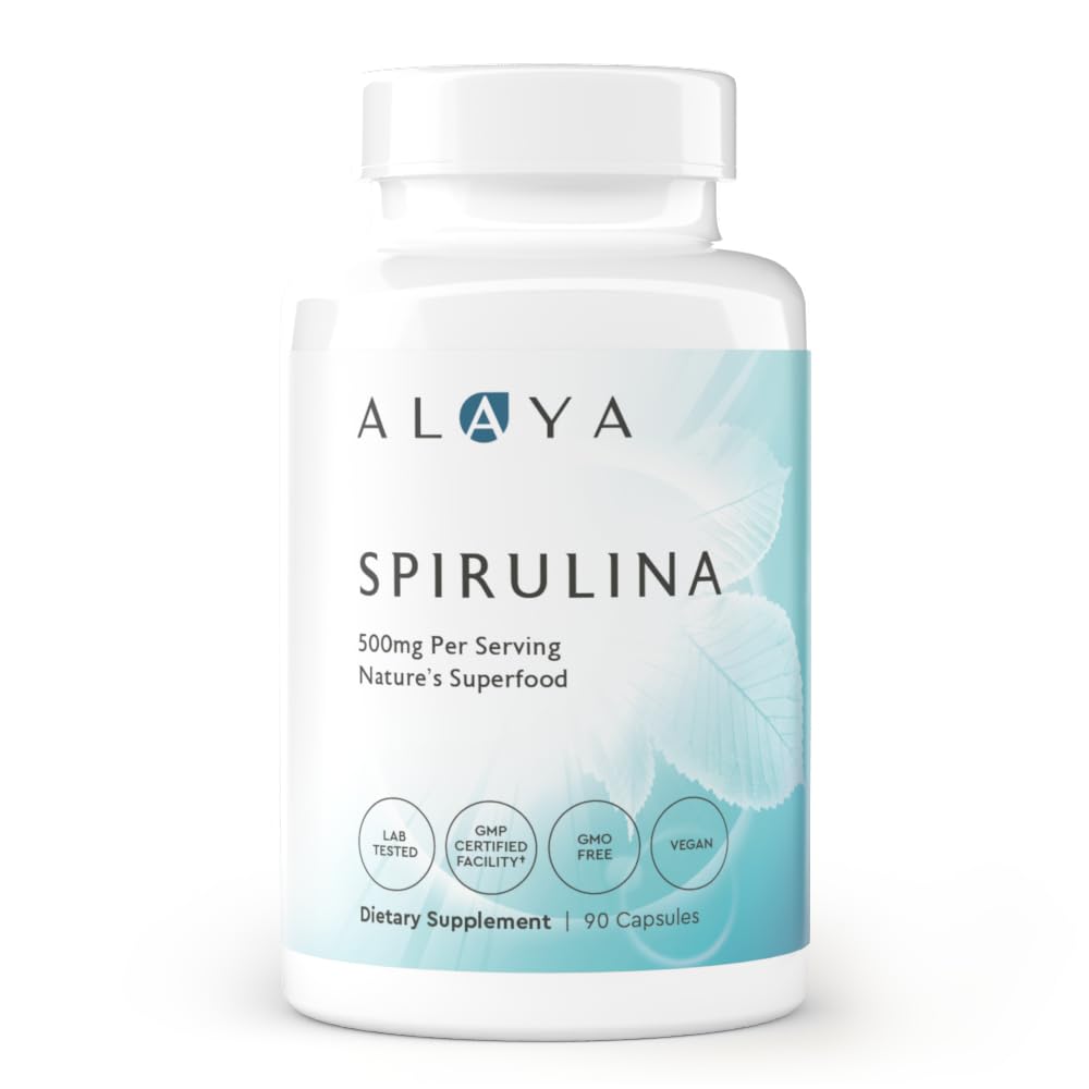 Alaya Naturals - Pure Spirulina Capsules - Made with Earthrise Spirulina Blue Green Algae Superfood - Non-GMO & Vegan - 500 mg 90 Capsules