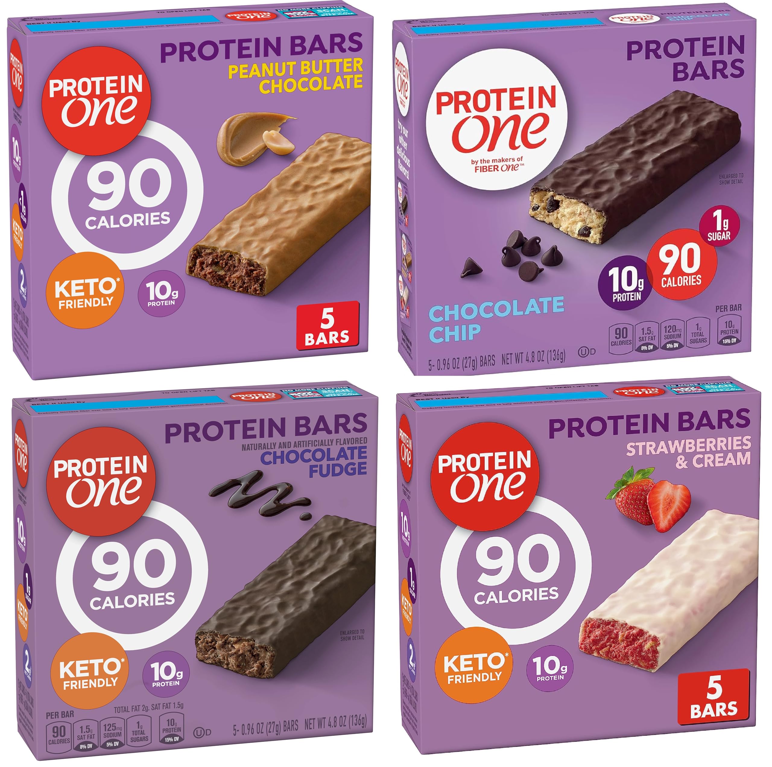 Protein One Protein Bars Variety - Chocolate Fudge Chocolate Chip Strawberries and Cream and Peanut Butter - 4 Flavor Keto Friendly Pack