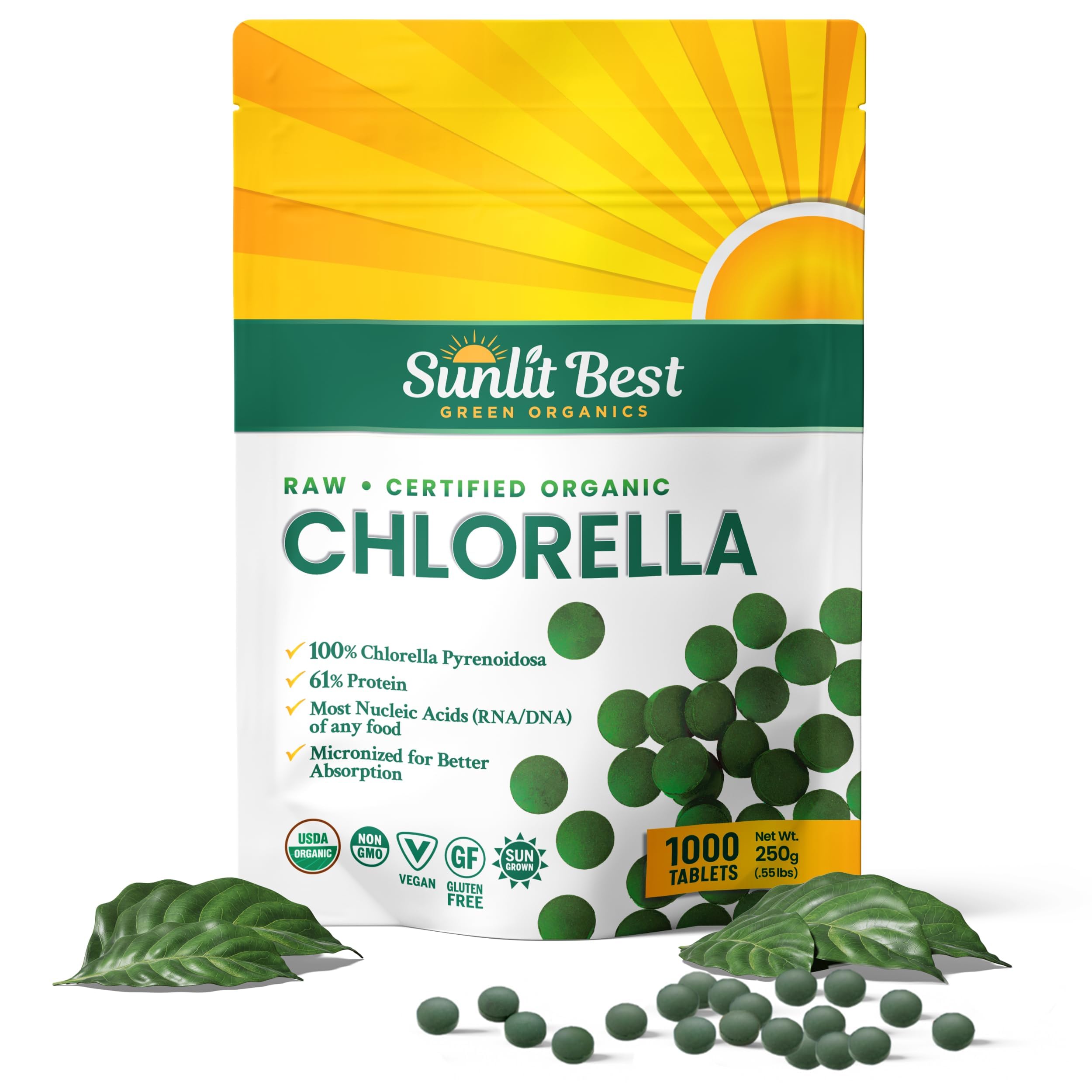 Sunlit Best USDA Organic Premium Chlorella Tablets 1000 Count | 100% Pure Chlorella Superfood Supplement High in Protein Chlorophyll Vitamins & Minerals | Supports Good Health Wellbeing