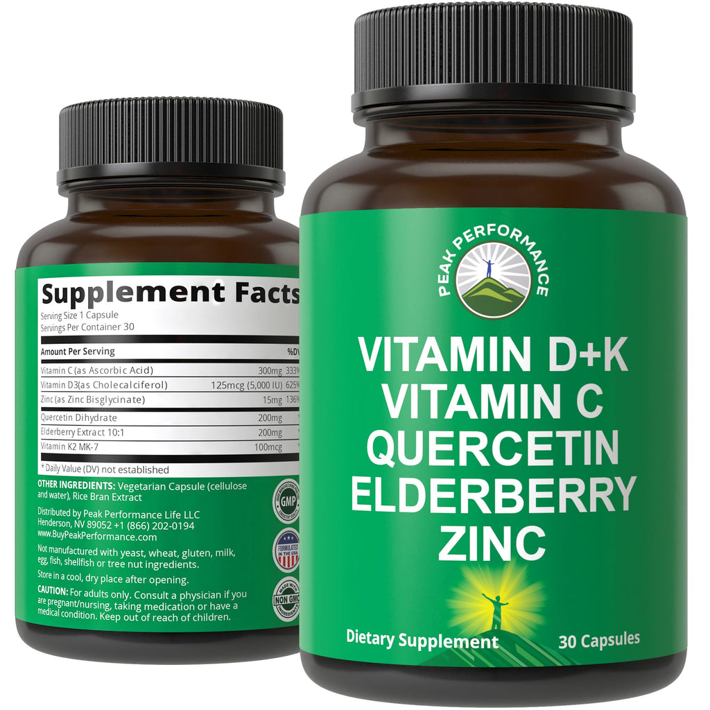 Immune Support Supplement with 6 Top Ingredients. Vitamin D3 K2 + Vitamin C + Elderberry + Zinc + Quercetin. Includes 5000 IU Vitamin D. Zinc 15mg. ( Capsules).