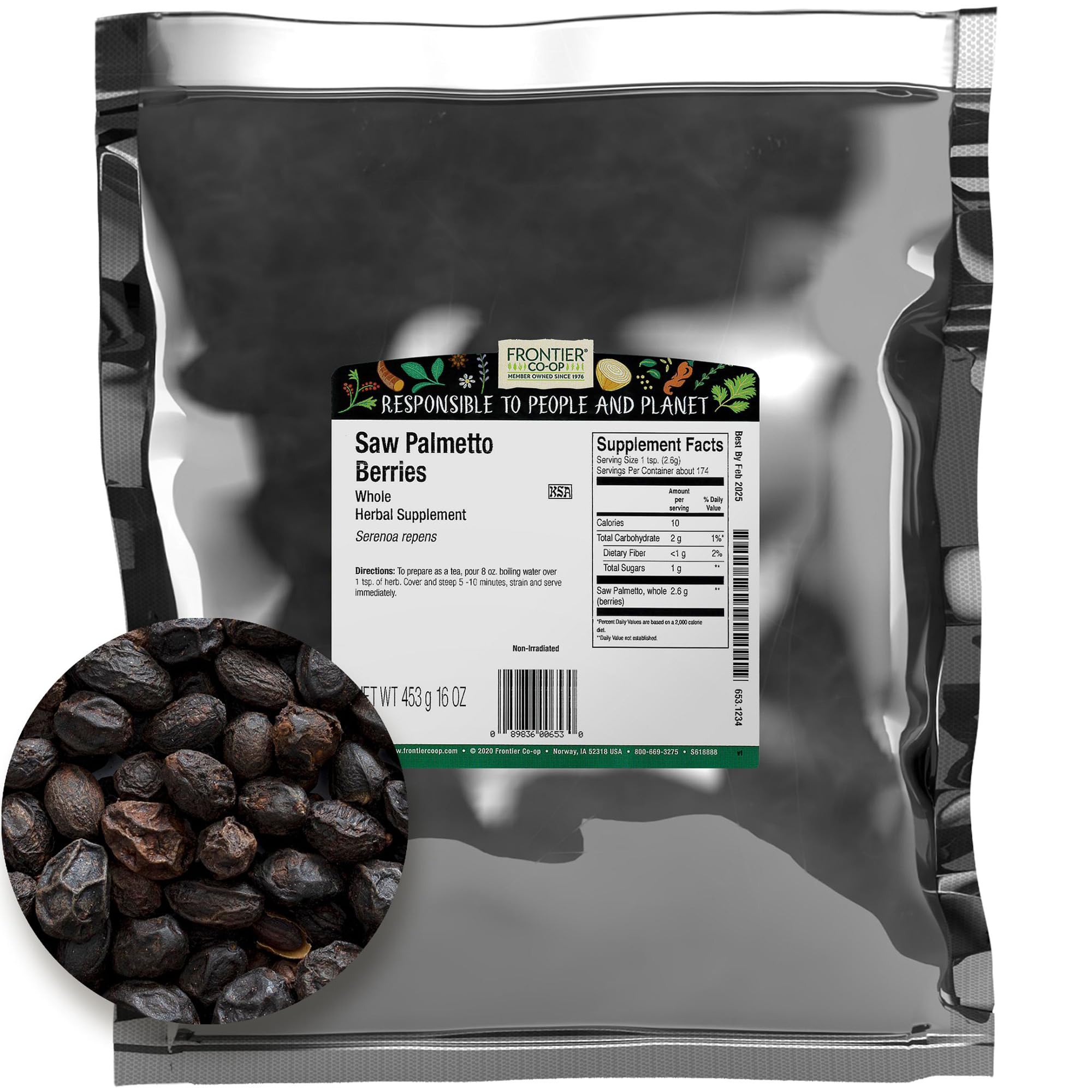 Frontier Co-op Saw Palmetto Berries 1lb Bulk Bag - Whole Wildcrafted Berries - Rich in Fatty Acids - Ideal for Saw Palmetto Tea & Healthy Recipes