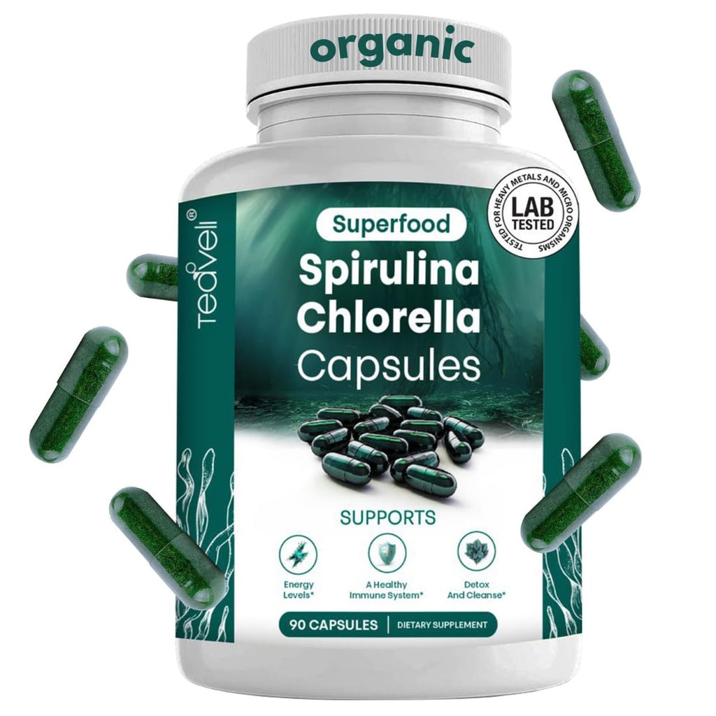 Organic Spirulina and Chlorella Capsules – Chlorophyll Pills & Blue Green Algae to Support Powerful Detox Energy & A Healthy Immune System– 3X More Chlorella Spirulina Powder/Serving – 90 Ct