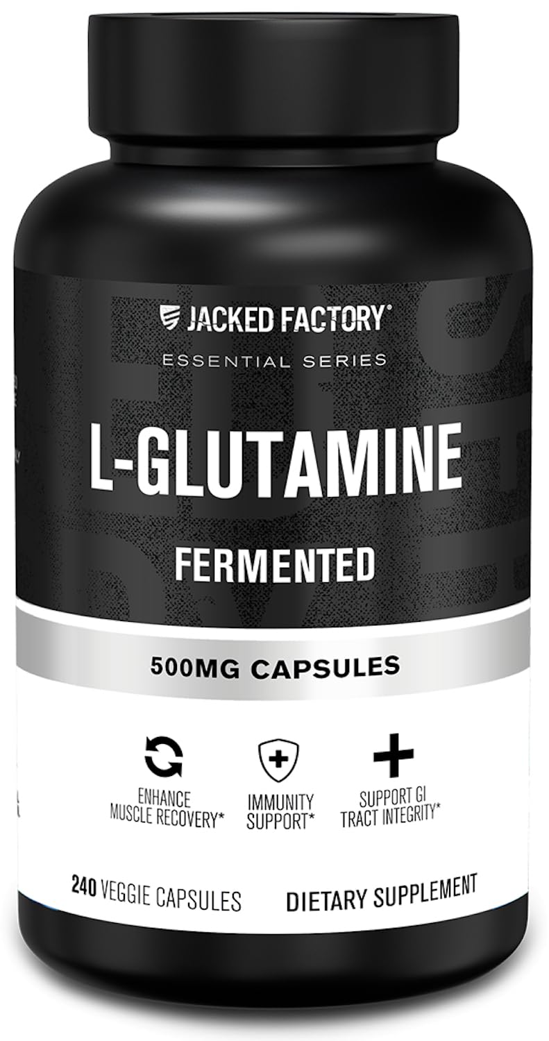 Jacked Factory L-Glutamine Capsules 500mg - Vegan Fermented L Glutamine Supplement for Post Workout Muscle Recovery Immunity Digestive Health - 240 Capsules