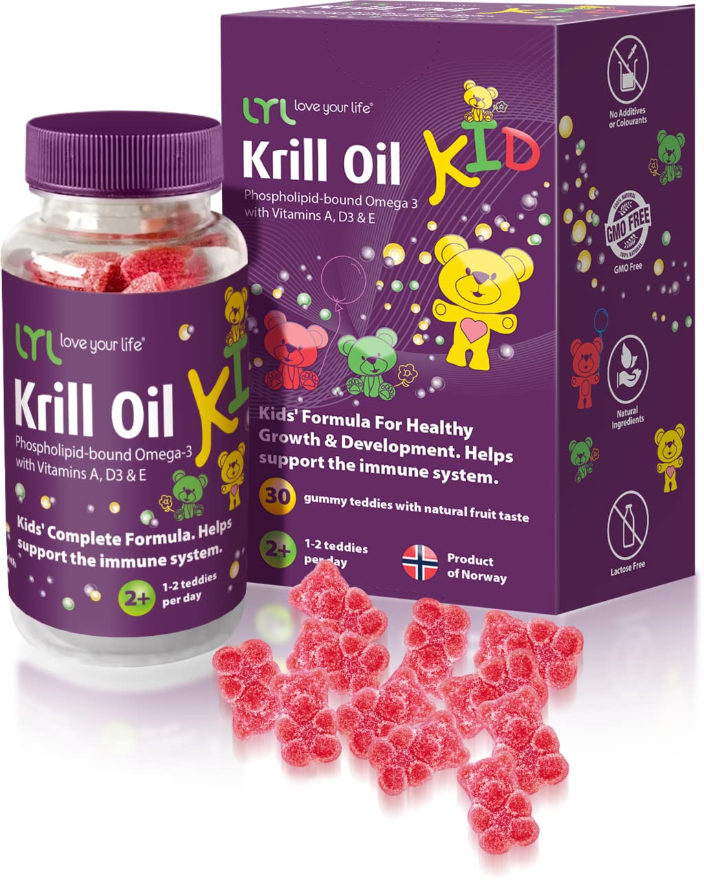 LYL Krill Oil Kid Gummy Bears with Vitamin D 3 Vitamin E and Vitamin A - phospholipid-Bound Omega 3 for Healthy Growth & Development - Gummy Bears with Orange Apple & Raspberries Taste (Pack of 60)