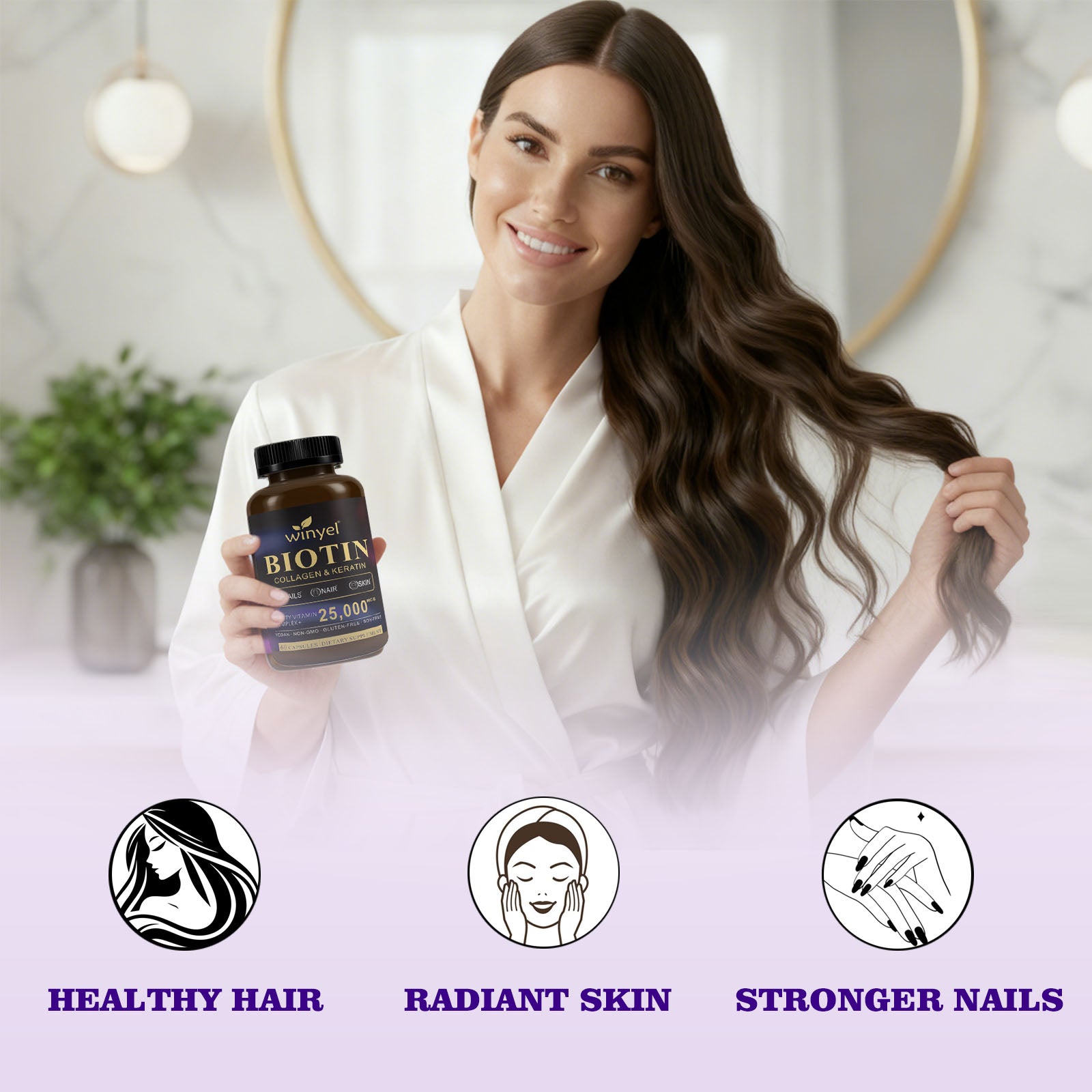 Biotin  Collagen  Hyaluronic Acid  Keratin - Support Normal Hair Growth Cycle - Skin & Nails - 25000mcg Vitamins B1, B2, B3, B6 & B7 - For Women & Men 60 Capsules