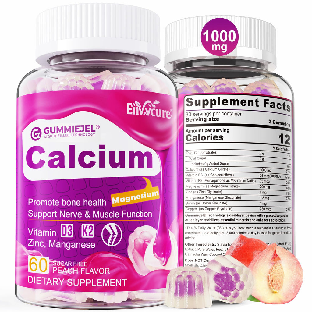 Sugar-Free Calcium Citrate Gummies 1000mg Vitamin D3 K2 Magnesium Zinc Boron Manganese Copper - Vegan 60 Count