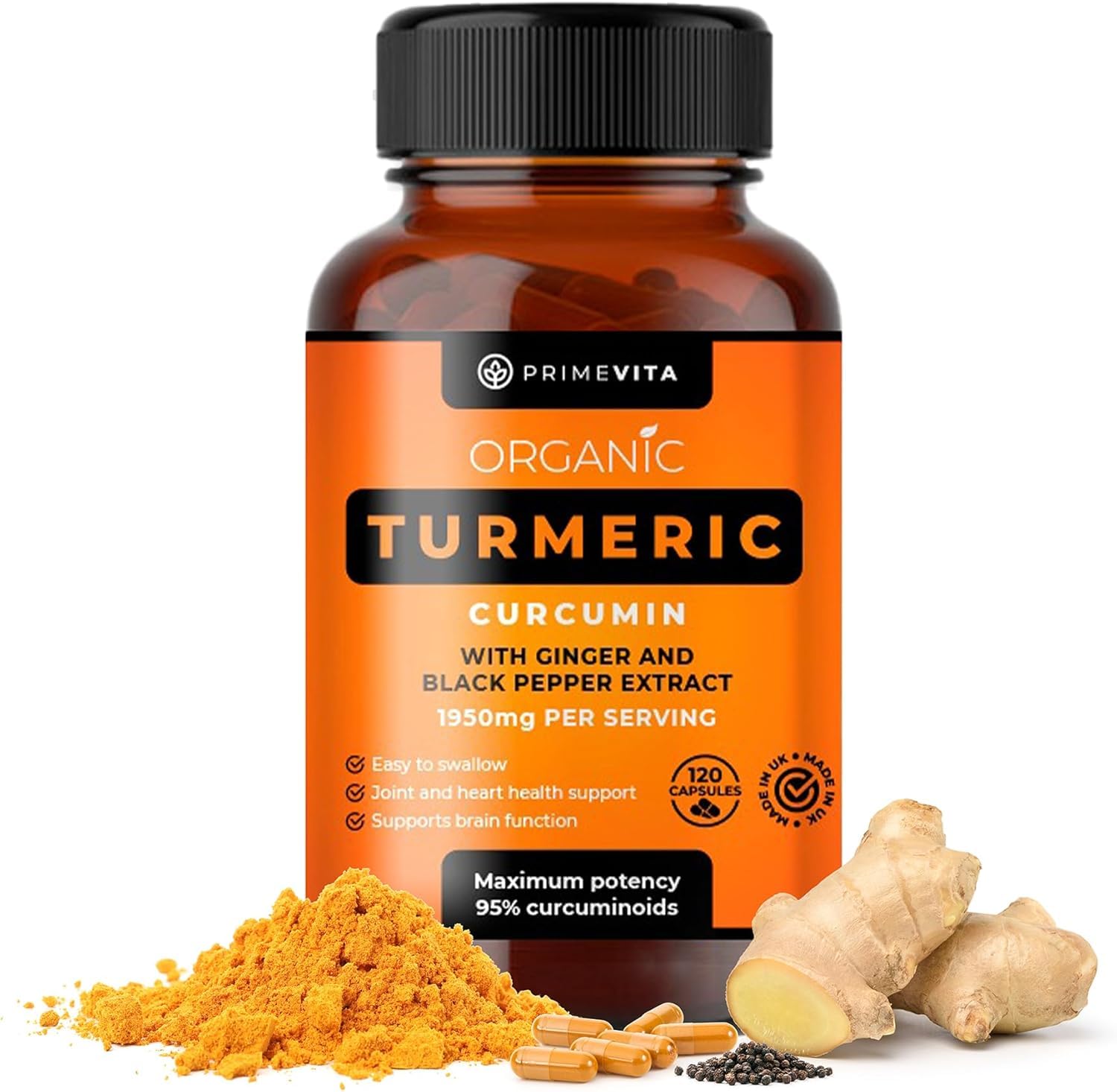 PRIMEVITA Organic Turmeric Curcumin 1950mg with Black Pepper Ginger Supplement - 95% Standardized Curcuminoids - Turmeric Capsules Natural Skin Joint Support - Halal Kosher Vegan 120 Capsules