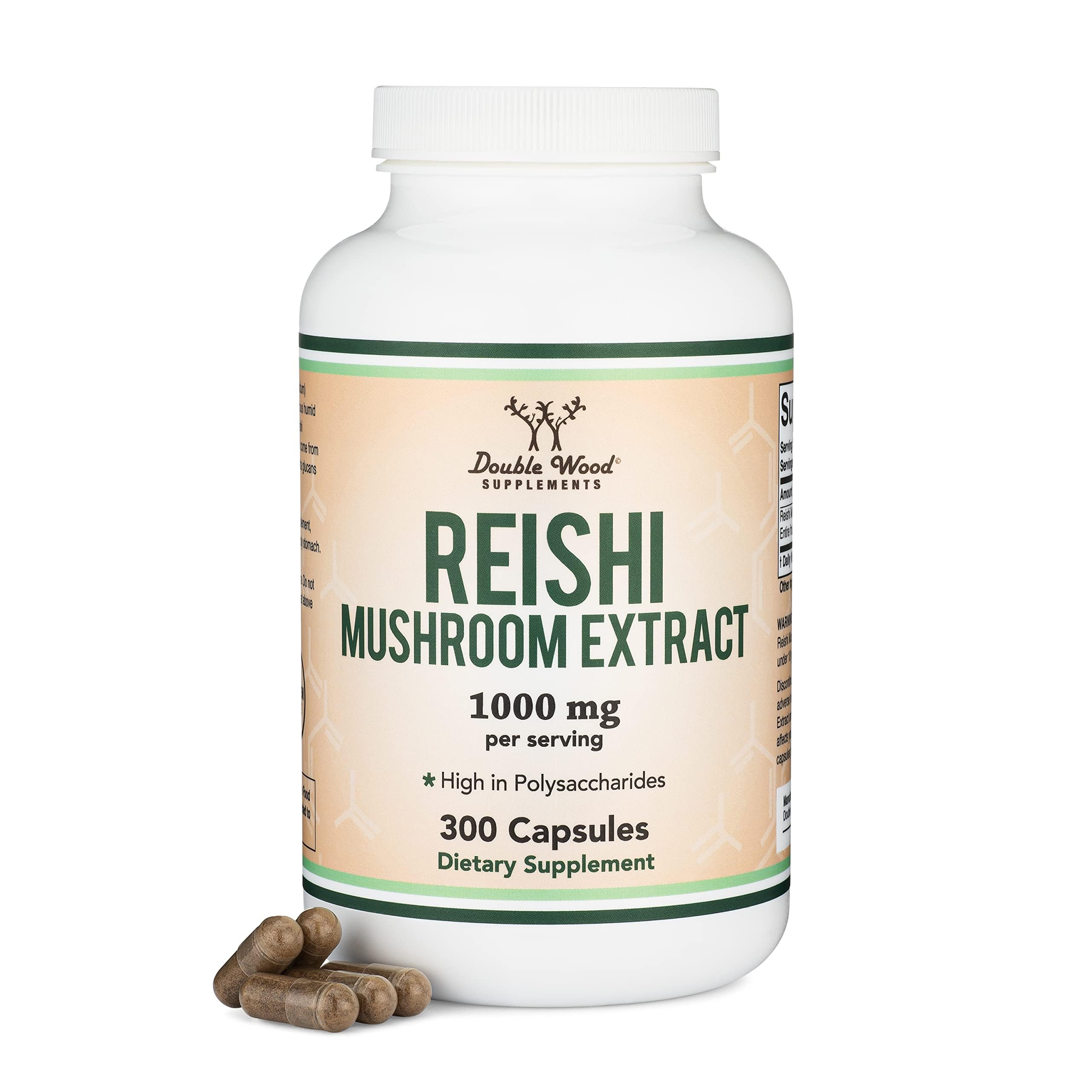 Reishi Mushroom Capsules (4:1 Ganoderma Extract 1000mg Red Reishi Powder Servings) 300 Count 5 Month Supply Potent Mushroom Supplement for Immune System Support and Defense by Double Wood