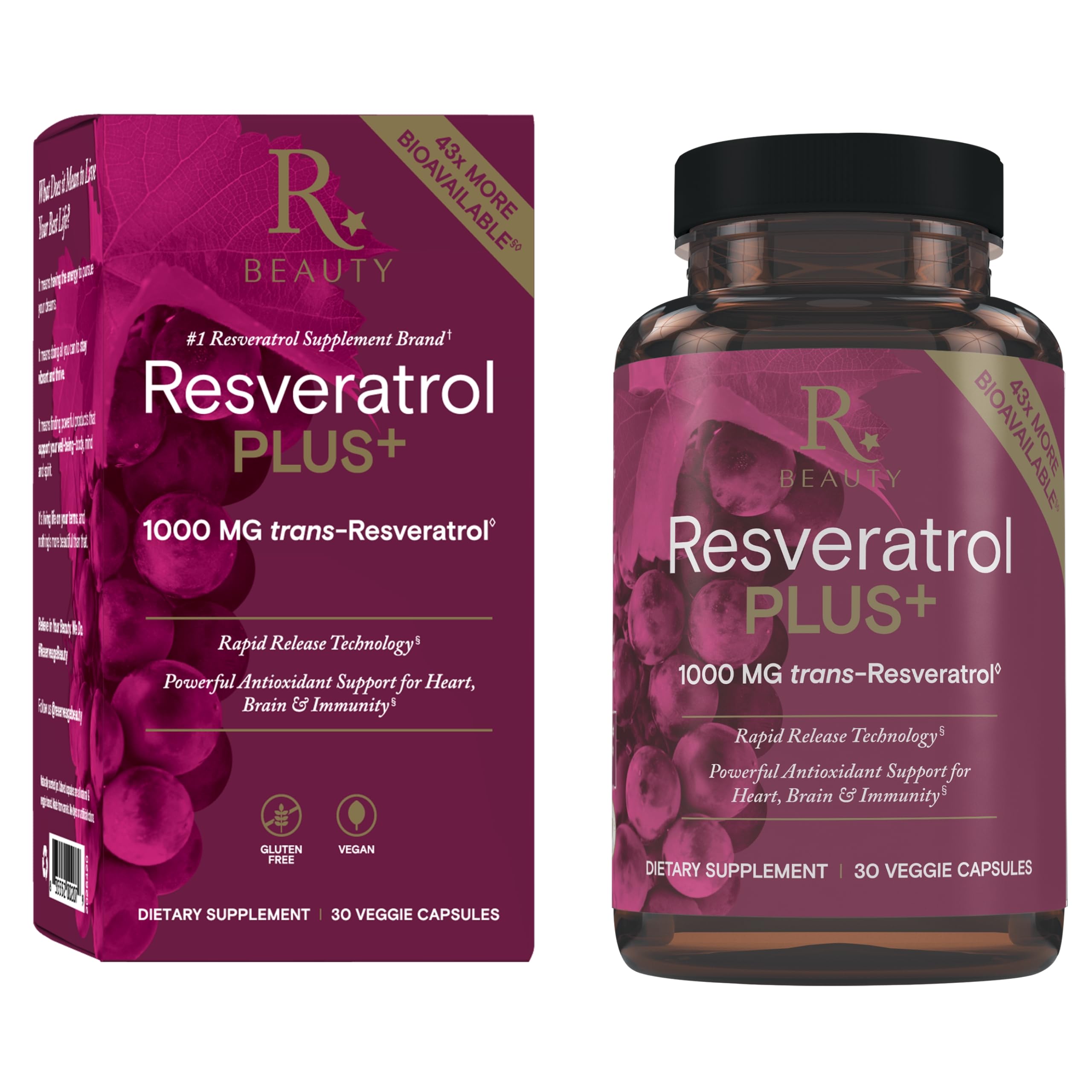 Reserveage Beauty Resveratrol Plus+ 1000 mg - Rapid-Release Resveratrol Capsules with Quercetin for Immune System Brain Health & Cellular Health - Gluten-Free & Vegan - 30 Veggie Capsules