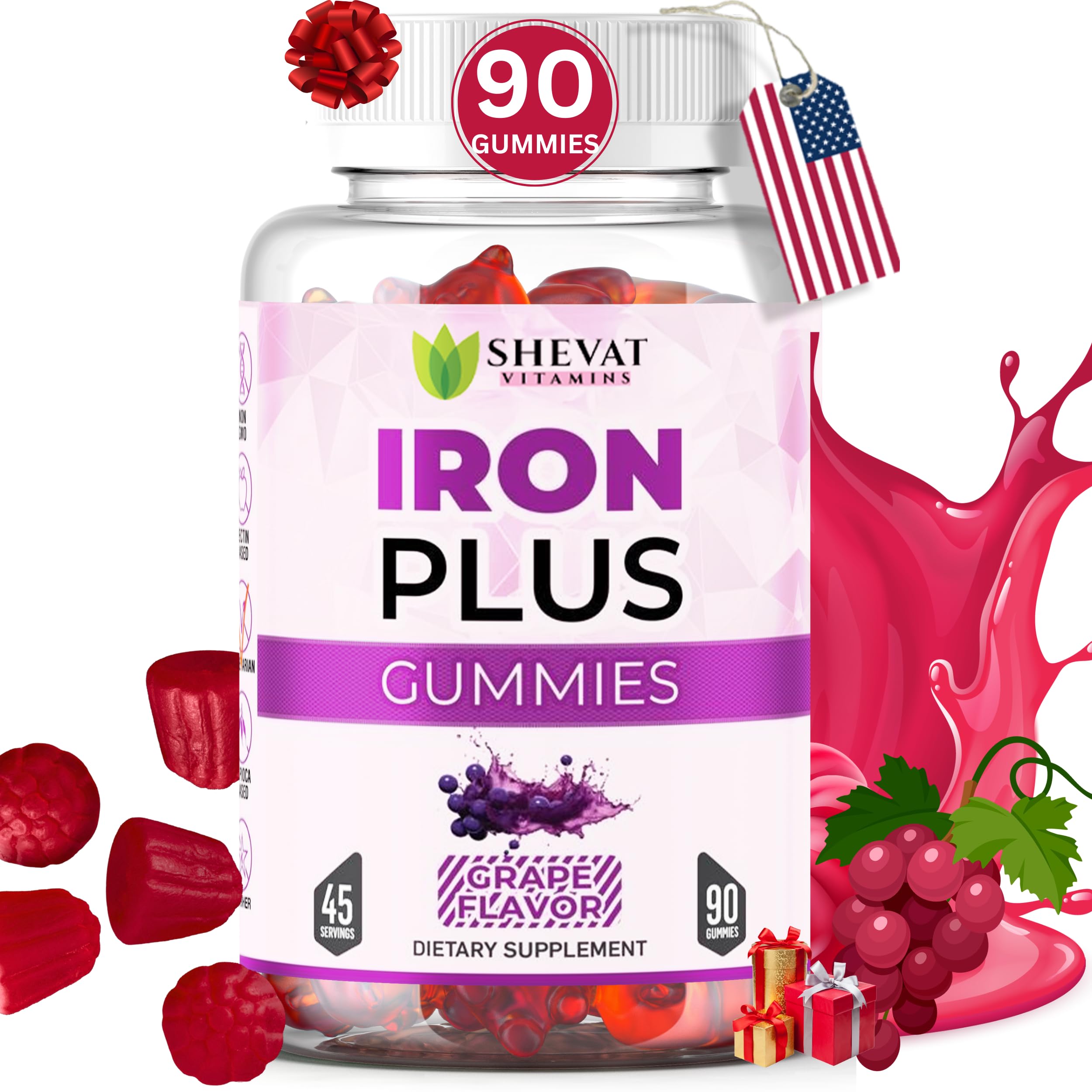 Family Iron Gummies for Women Men & Kids– Chewable Iron Supplements for Women Anemia & Men – Kids Iron Gummies with Iron Vitamins for Women – VeganGluten-Free(Grape Flavor) Immune Support – USA Made