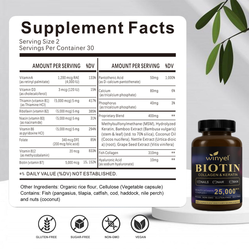 Biotin  Collagen  Hyaluronic Acid  Keratin - Support Normal Hair Growth Cycle - Skin & Nails - 25000mcg Vitamins B1, B2, B3, B6 & B7 - For Women & Men 60 Capsules