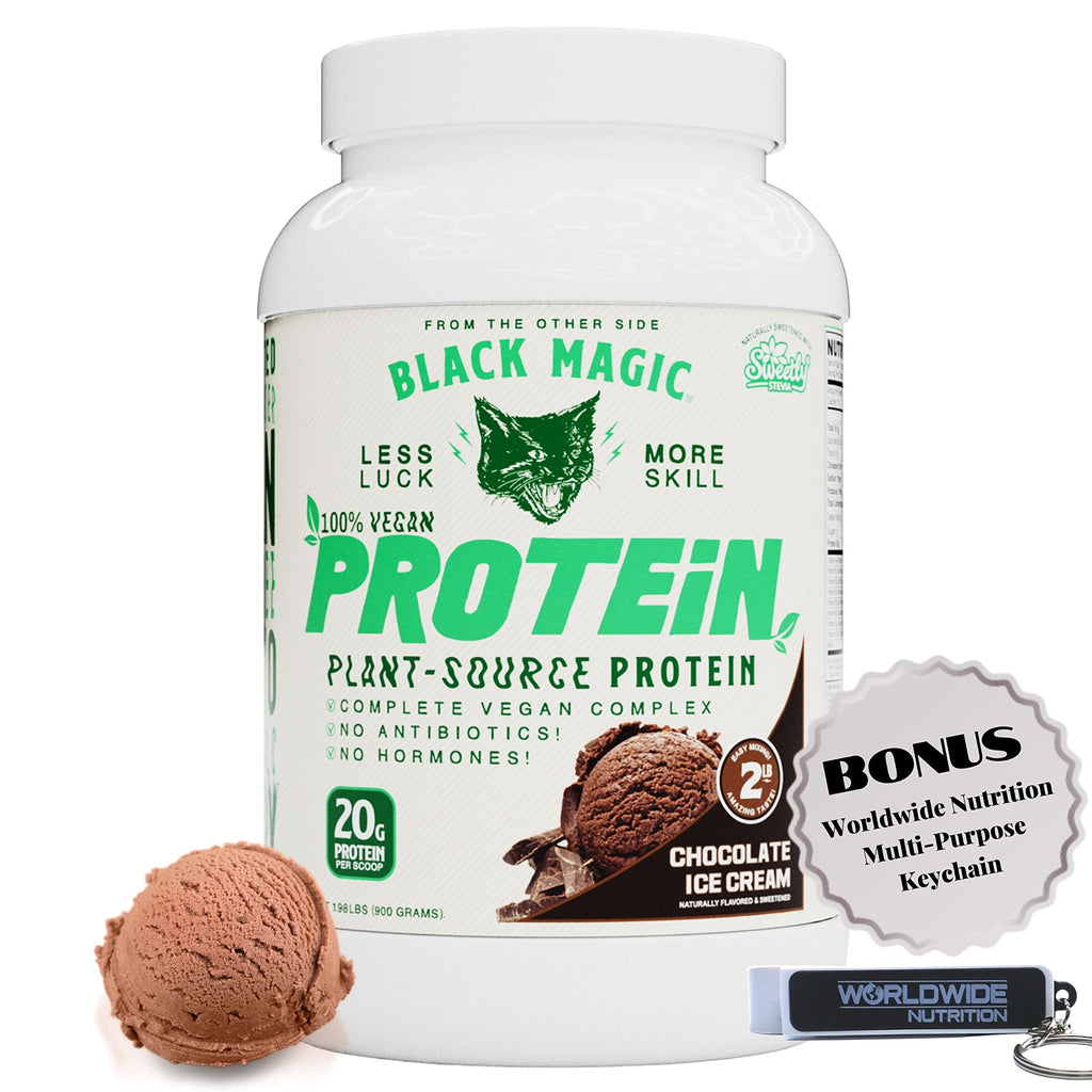 Worldwide Nutrition Bundle:Black Magic Multi-Source Protein Whey Egg & Casein Complex with Enzymes & MCT Powder Pre Workout & Post Workout Vegan Choco Ice Cream 24g Protein 2LB & Key Chain