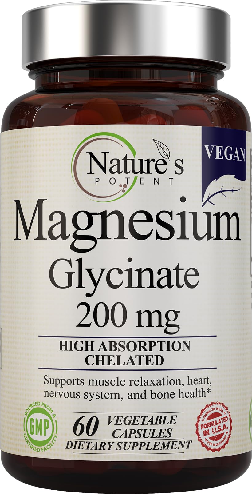Natures Potent Magnesium Glycinate 200mg (High Absorption) Vegan Magnesium Glycinate Capsules Supplement for Women & Men - Chelated Magnesium Glycinate for Sleep - Magnesium for Muscle Cramps - 60ct