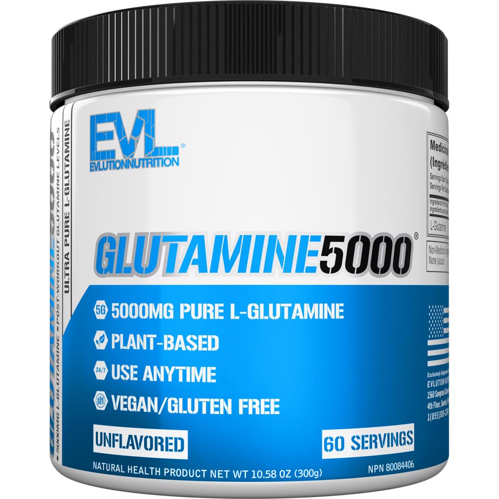 Evlution Nutrition L-Glutamine 5000 5g Pure L Glutamine Per Serving Post Workout Vegan Gluten-Free Unflavored Powder (60 Servings)