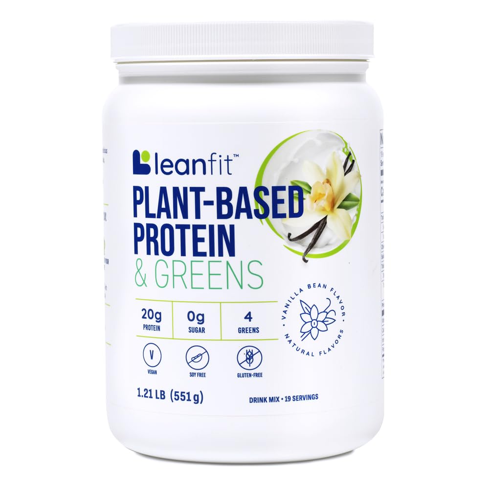 LeanFit Plant-Based Protein & Greens Natural Vanilla – 20g Plant Protein + 4 Leafy Greens Per Serving – Vegan Gluten-Free Soy-Free No Sugar – 19 Servings 1.21 Pound Tub