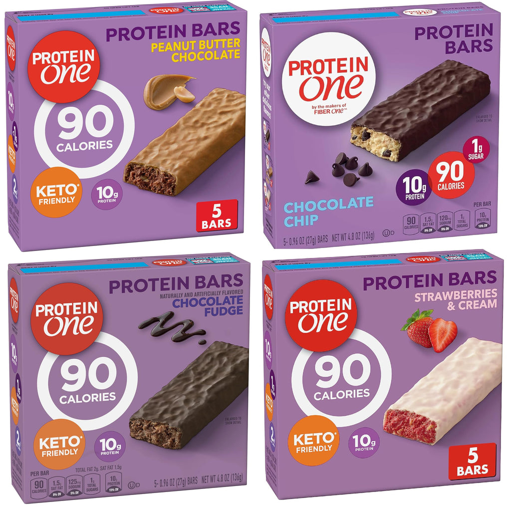 Protein One Protein Bars Variety - Chocolate Fudge Chocolate Chip Strawberries and Cream and Peanut Butter - 4 Flavor Keto Friendly Pack